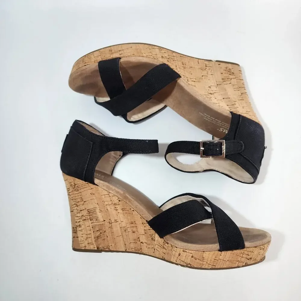 Toms Black Wedge Ankle Strap Sandals Women's Size 9 Wide